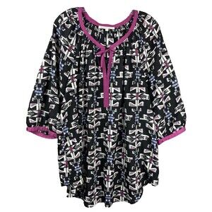 Daniel Rainn Chiffon Tie-Neck Blouse Top Tunic 1X Geometric Tribal Aztec Flowy